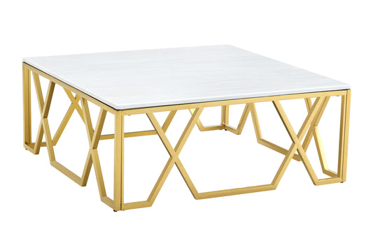 Square Marble Coffee Table with Gold Geometric Base