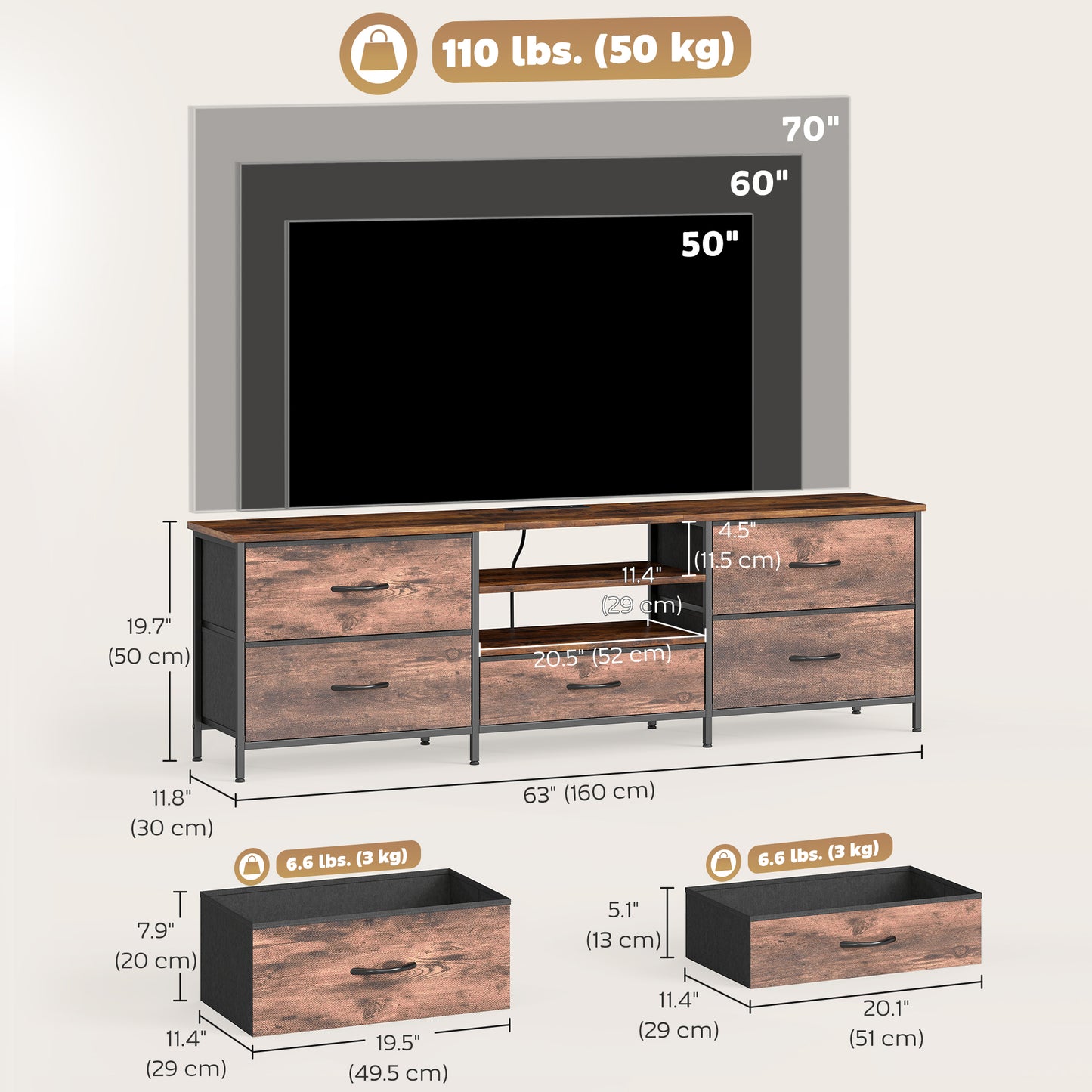 HOMCOM TV Stand for TVs up to 70 Inch, Industrial TV Console with Charging Station, 5 Drawers and Open Shelves, Rustic Brown