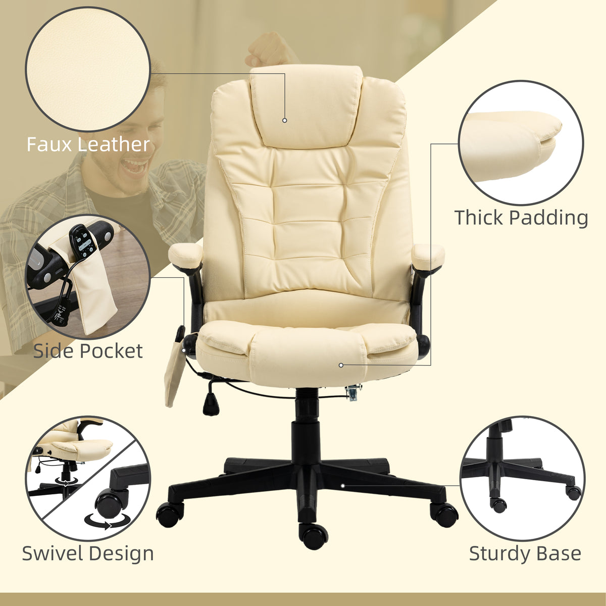 Heated Massage Office Chair, Adjustable High Back Leather Vibrating Executive Chair, Beige