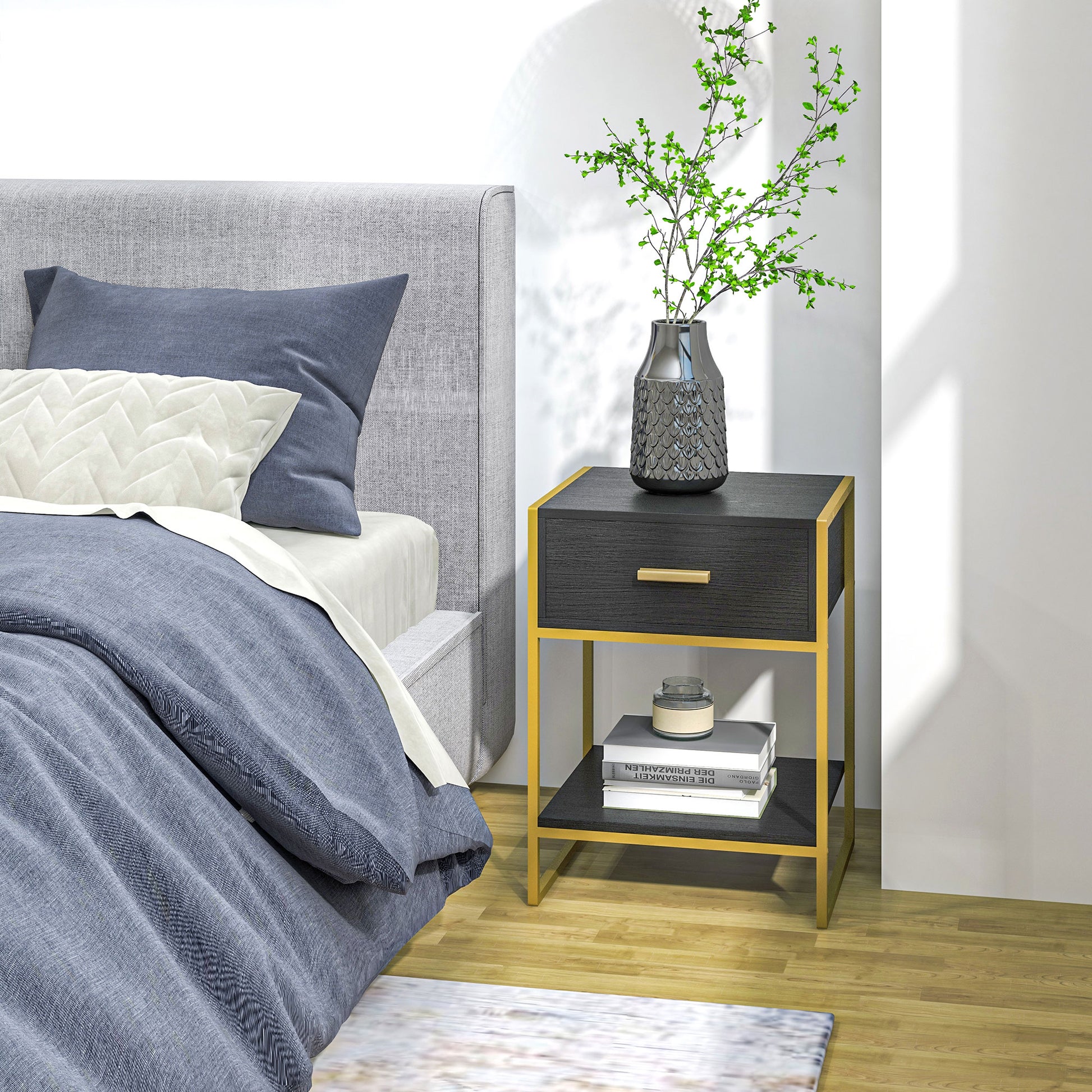 HOMCOM Modern Black Nightstand Set: Drawer, Shelf, Steel Frame