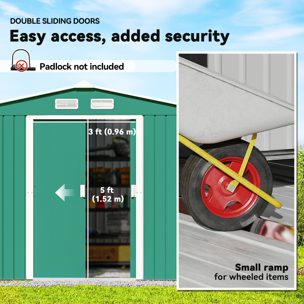 9.1'x6.4'x6.3' Garden Storage Shed, Outdoor Storage Tool House with Vents, Foundation and Lockable Double Doors – Green