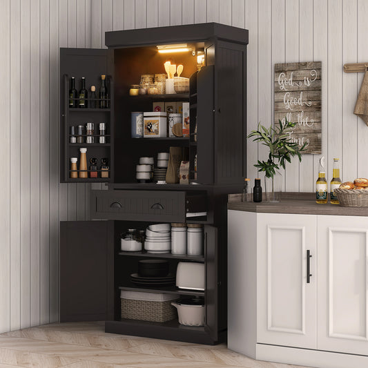 Kitchen Pantry Cabinet with LED Lights – 30"W x 71"H