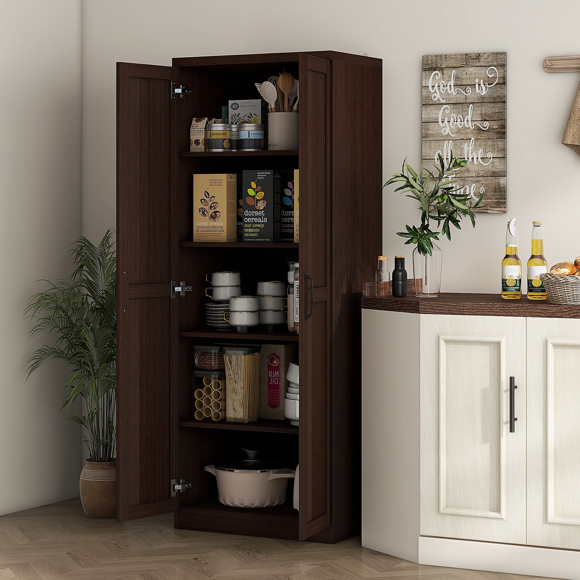 HOMCOM 63" 5-Tier Kitchen Pantry Cabinet Dark Brown