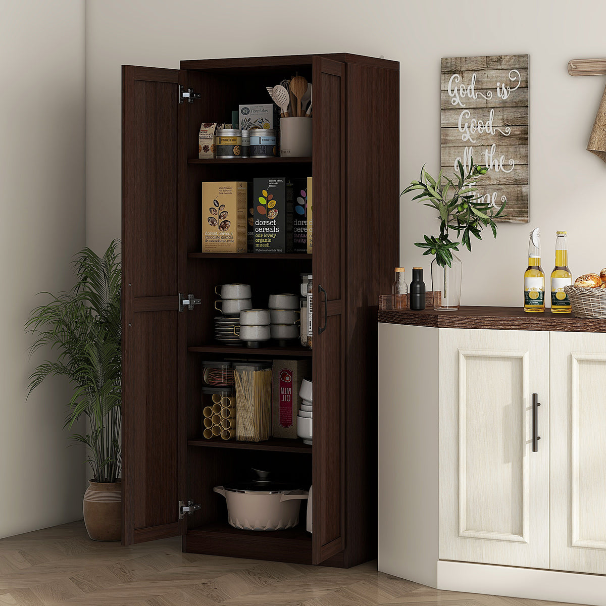 5-tier Pantry Cabinet with Doors and Adjustable Shelves – 24"W x 63"H