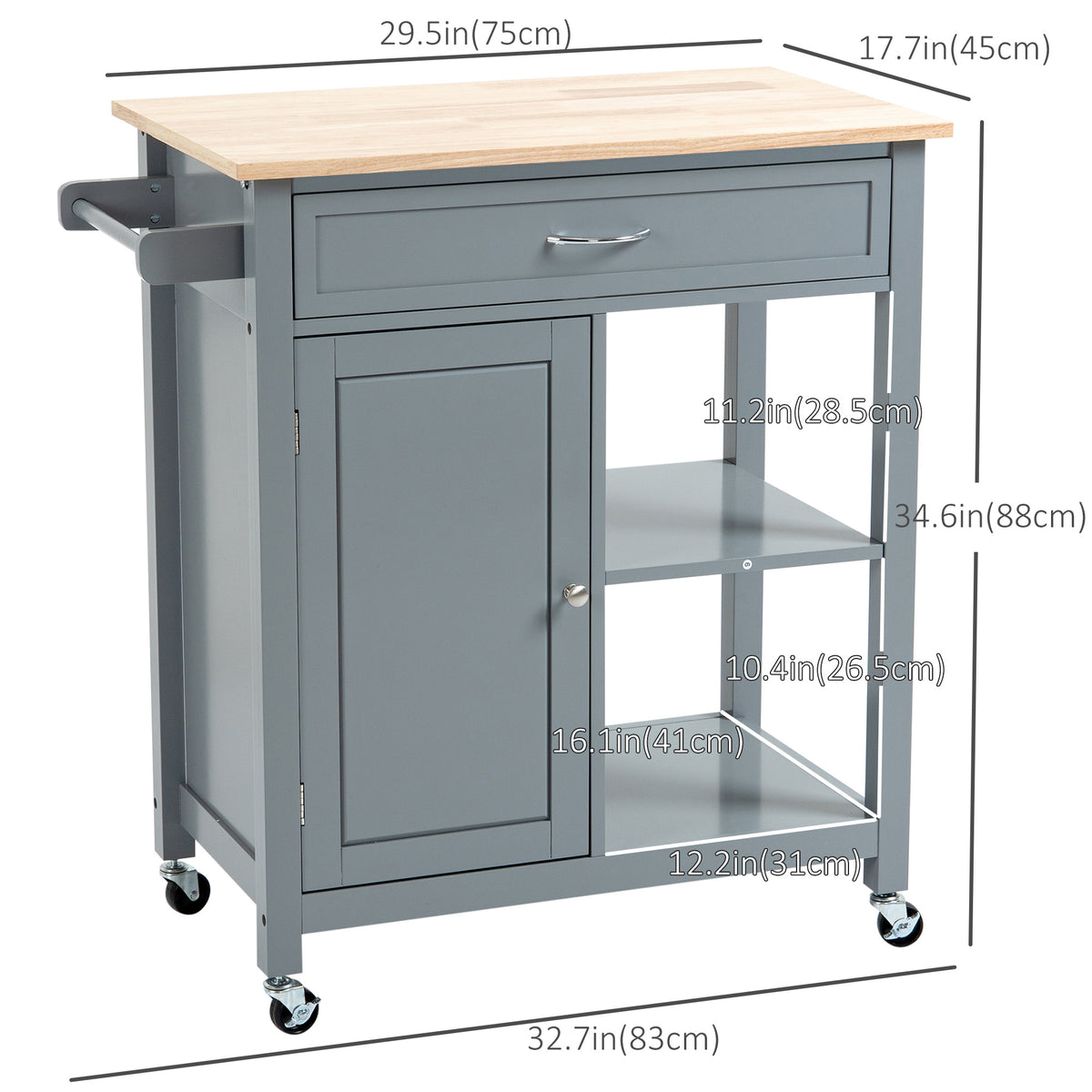 Rolling Kitchen Cart with Wood Top and Drawer – 33"W x 35"H