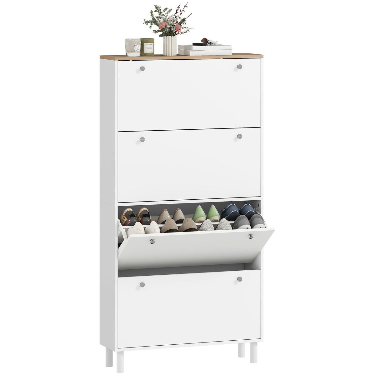 Narrow Shoe Cabinet with 4 Flip Drawers – 31"W x 62"H