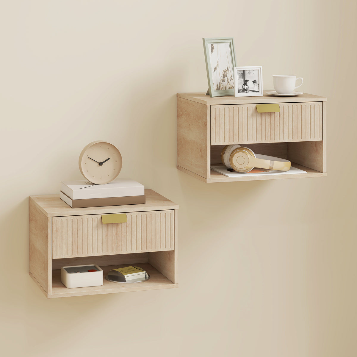 Floating Nightstands with Fluted Drawer, Set of 2 – 16"W x 10"H
