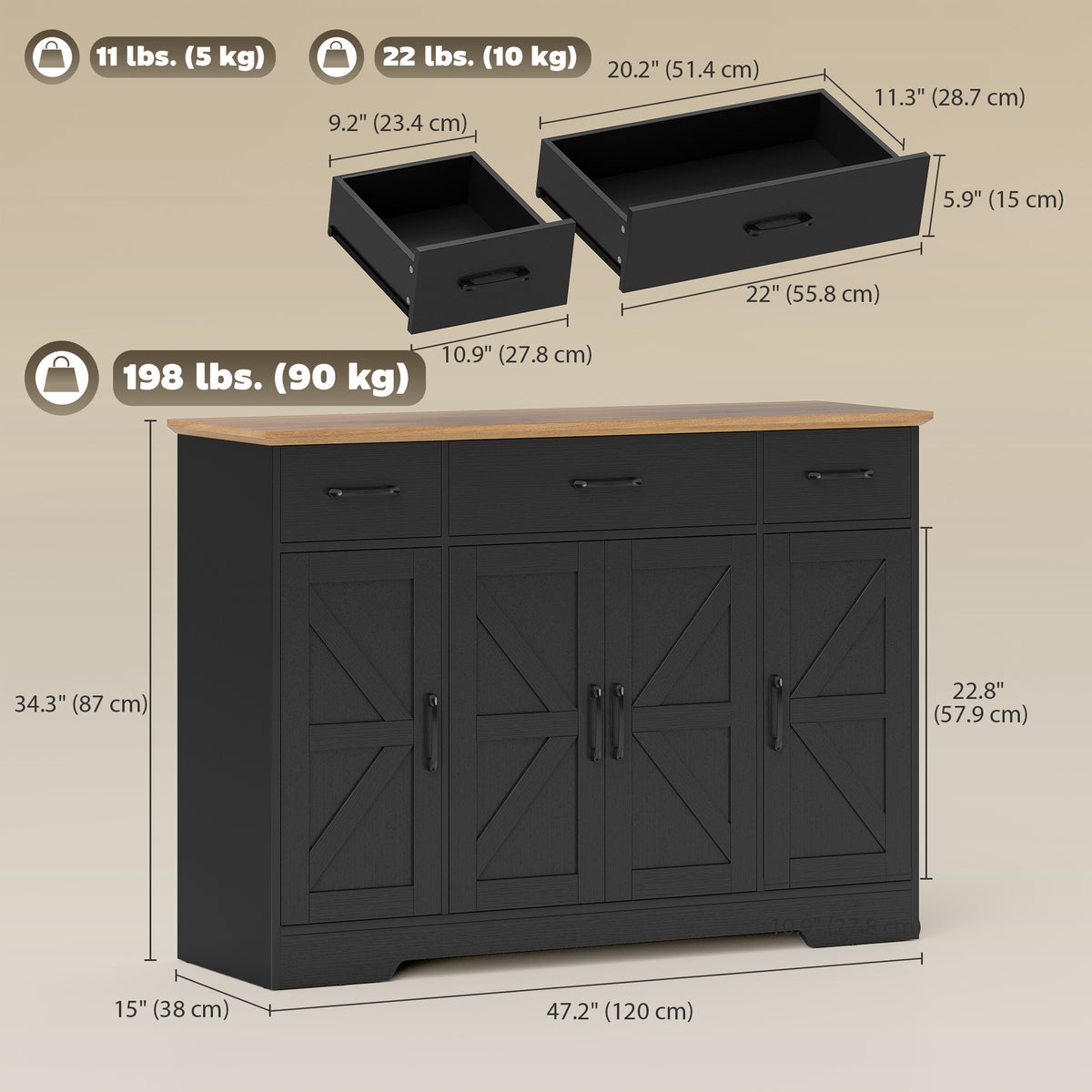 Buffet Cabinet with Soft-Close Hinges – 47"W x 34"H