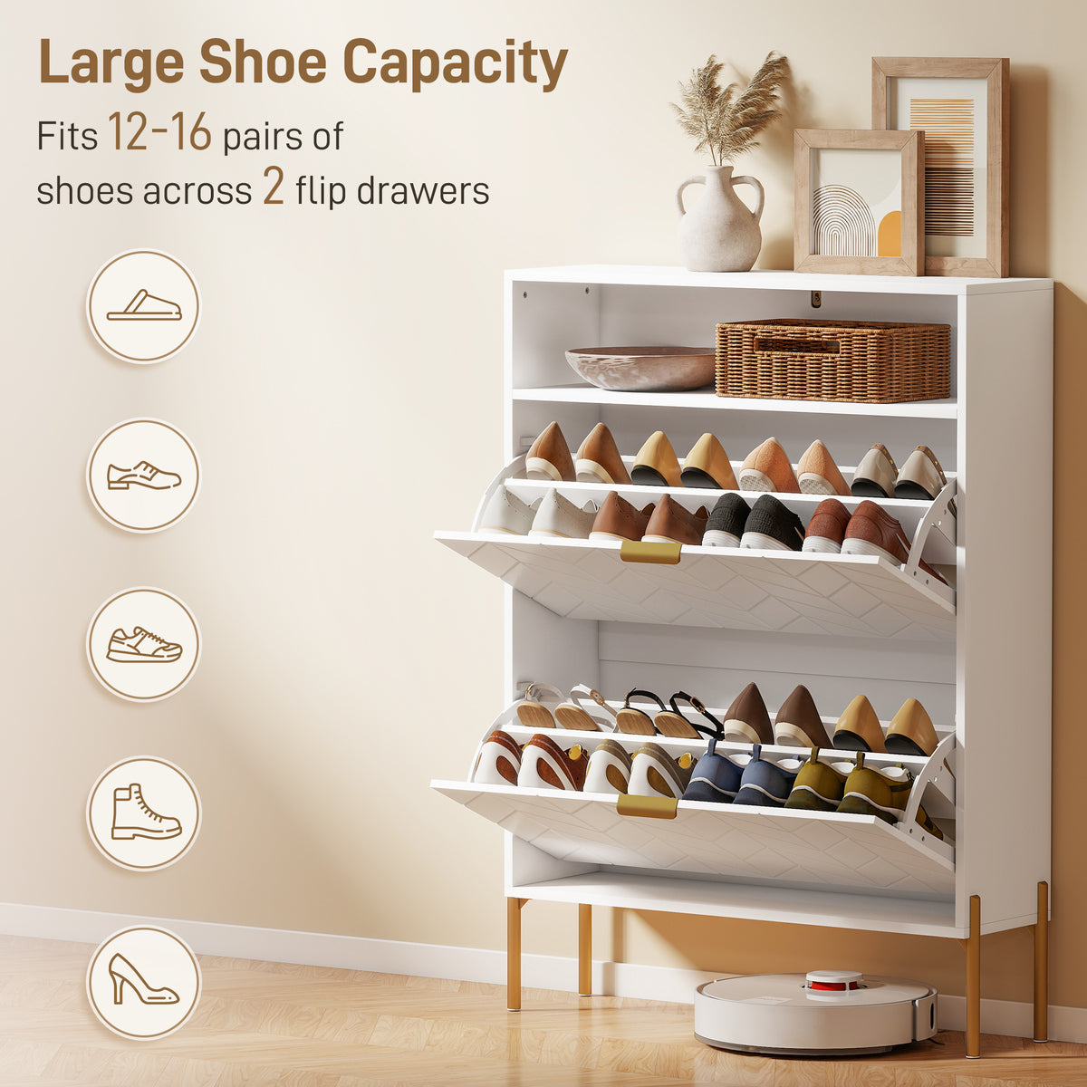 Shoe Cabinet with 2 Flip Drawers – 31"W x 43"H
