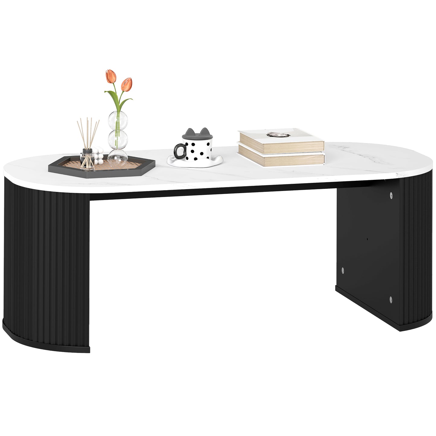 HOMCOM Modern Marble-Effect Coffee Table, Rounded Corners, Thick Black Legs