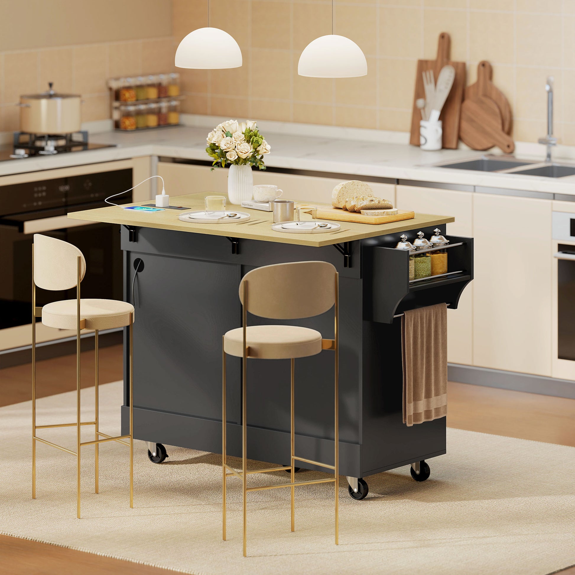 HOMCOM Kitchen Island Cart Charging Station Drop Leaf Black