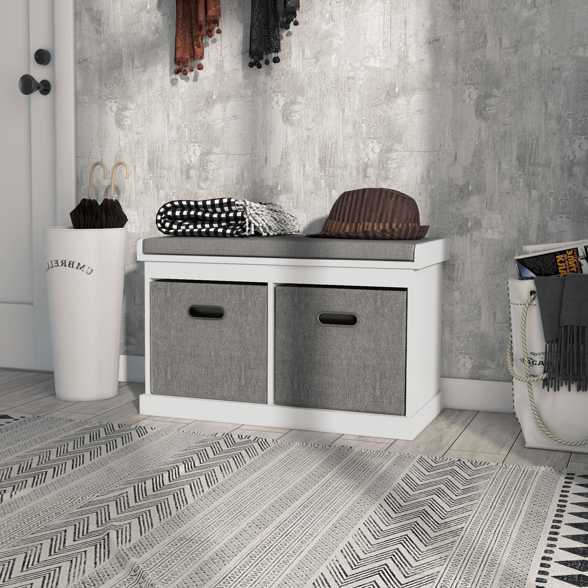 HOMCOM White Entryway Shoe Storage Bench, Comfortable Cushion, Two Fabric Drawers