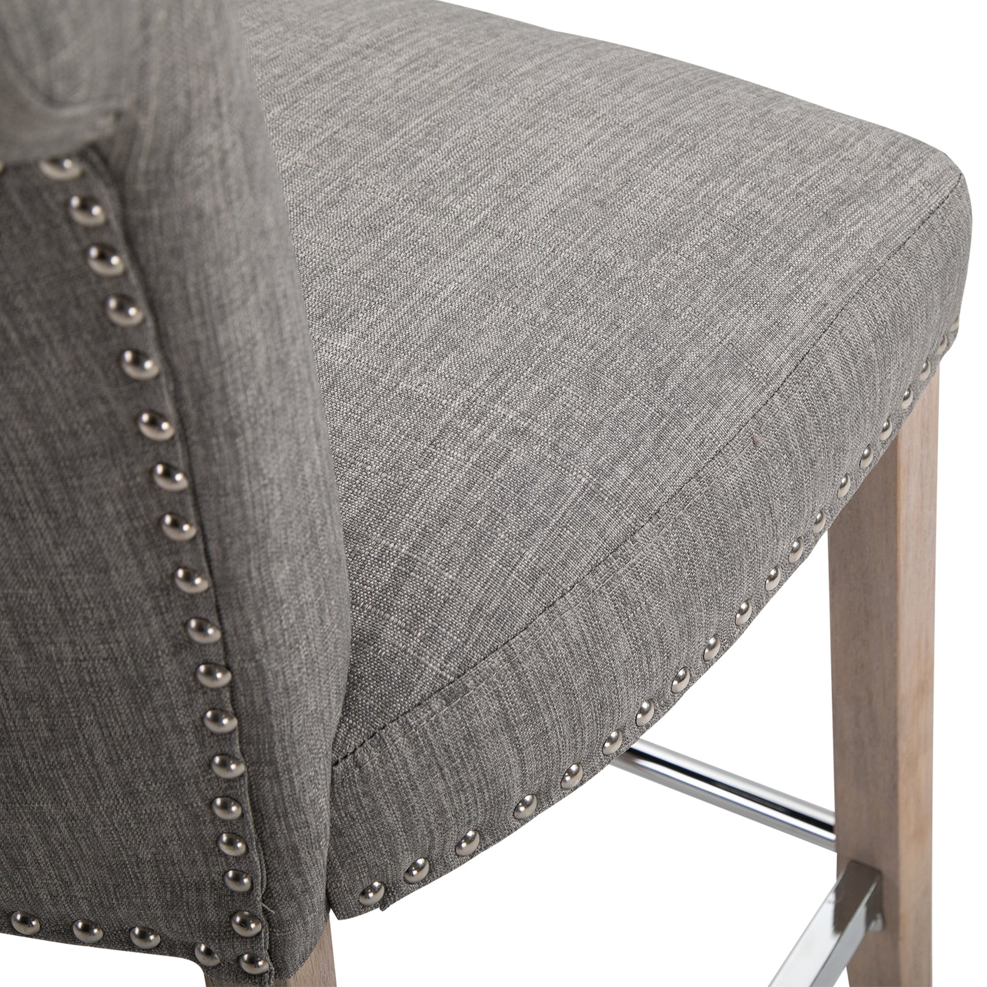 HOMCOM Grey Linen Counter Bar Stools, Set of 2, Solid Wood Legs