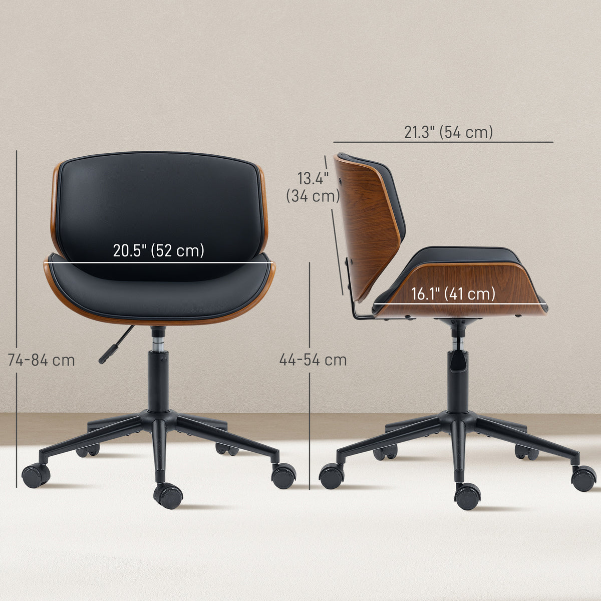 Mid-Century Modern Office Chair No Arms with Wheels, Bentwood, Black