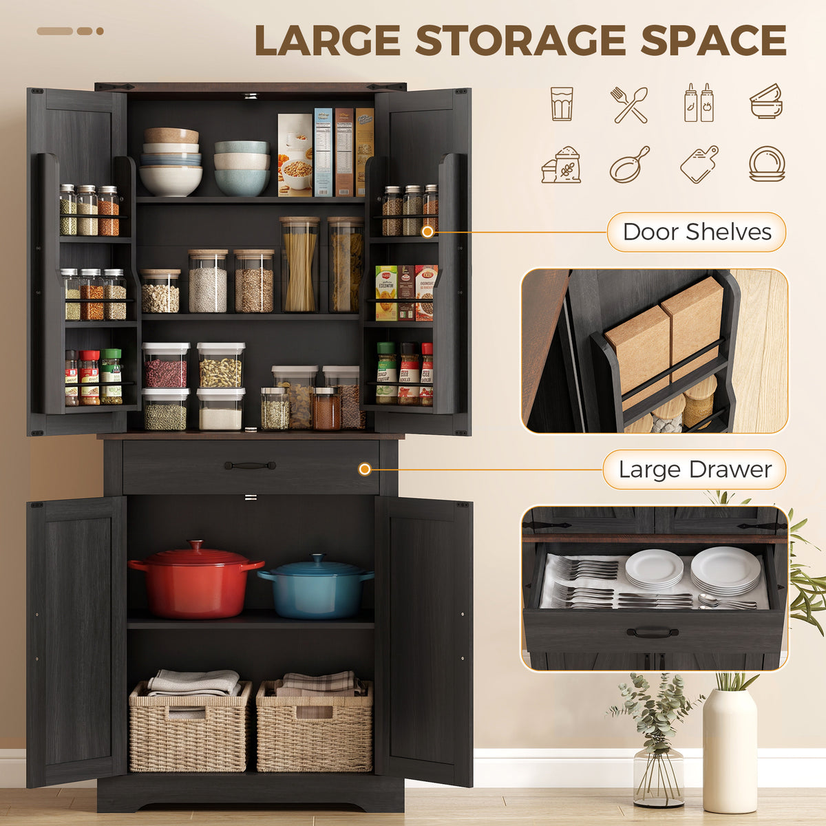 Farmhouse Pantry Cabinet with Barn Doors – 30"W x 71"H