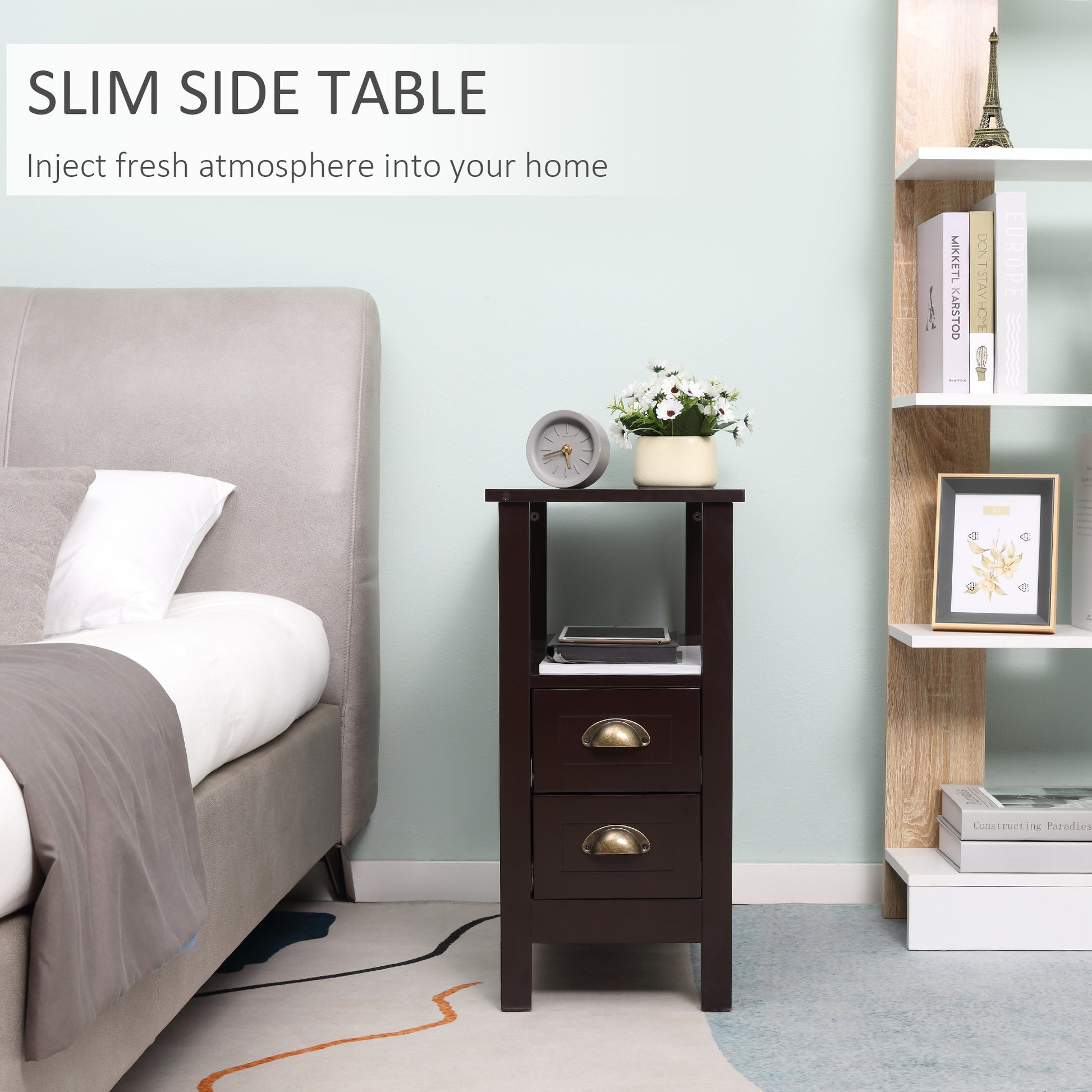 HOMCOM Slim End Table with 2 Drawers, Storage Shelf, Narrow Nightstand, Sofa Side Table