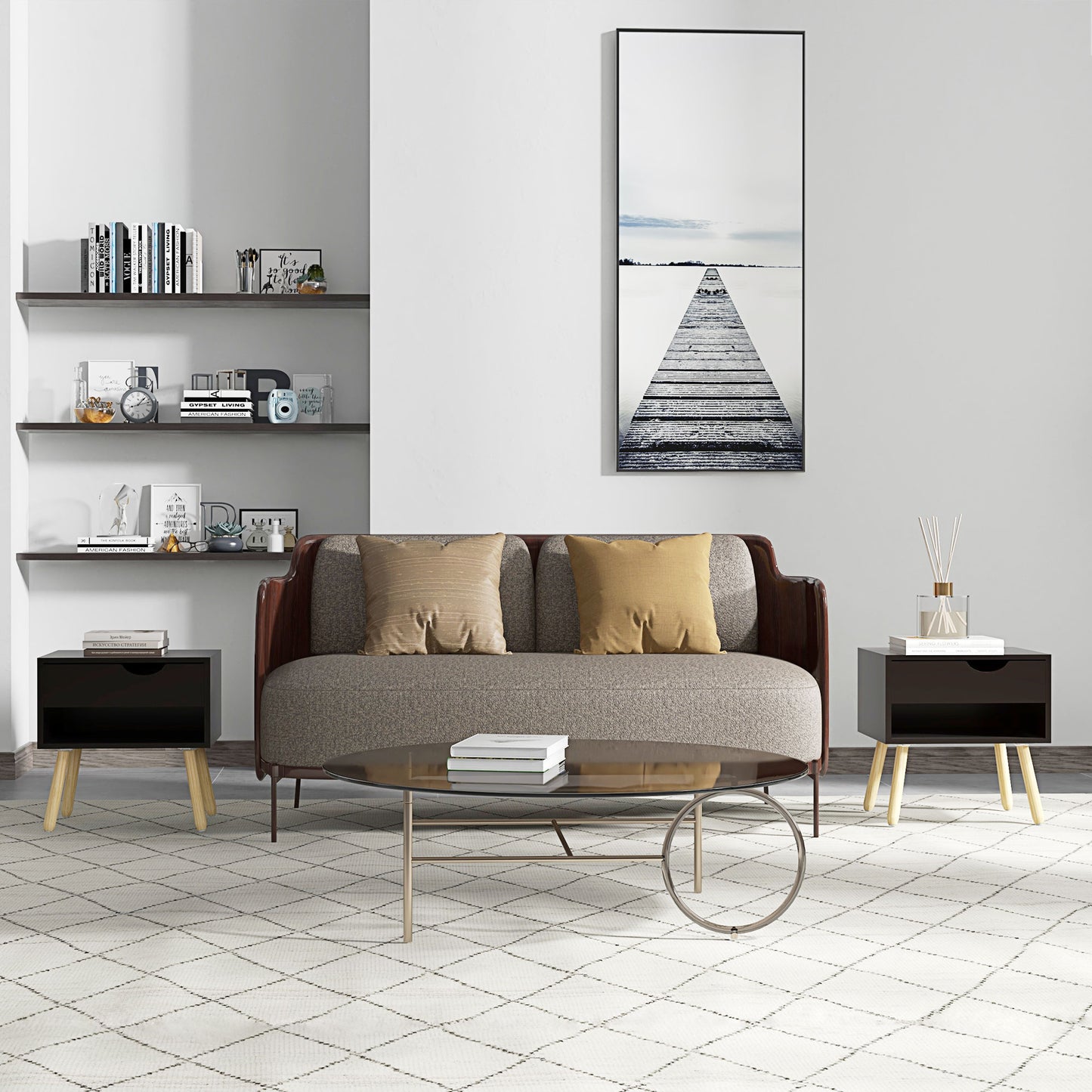 Set of 2 Modern Black Nightstands with Drawer, Shelf, Wooden Legs for Bedroom