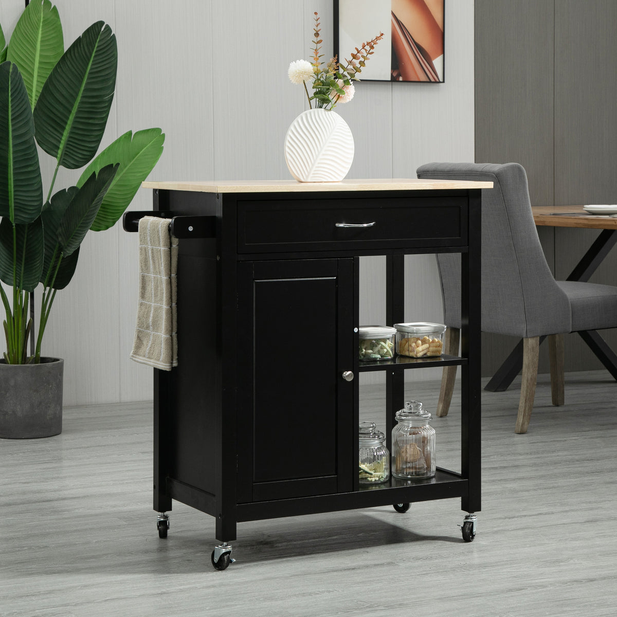 Rolling Kitchen Cart with Wood Top and Drawer – 33"W x 35"H