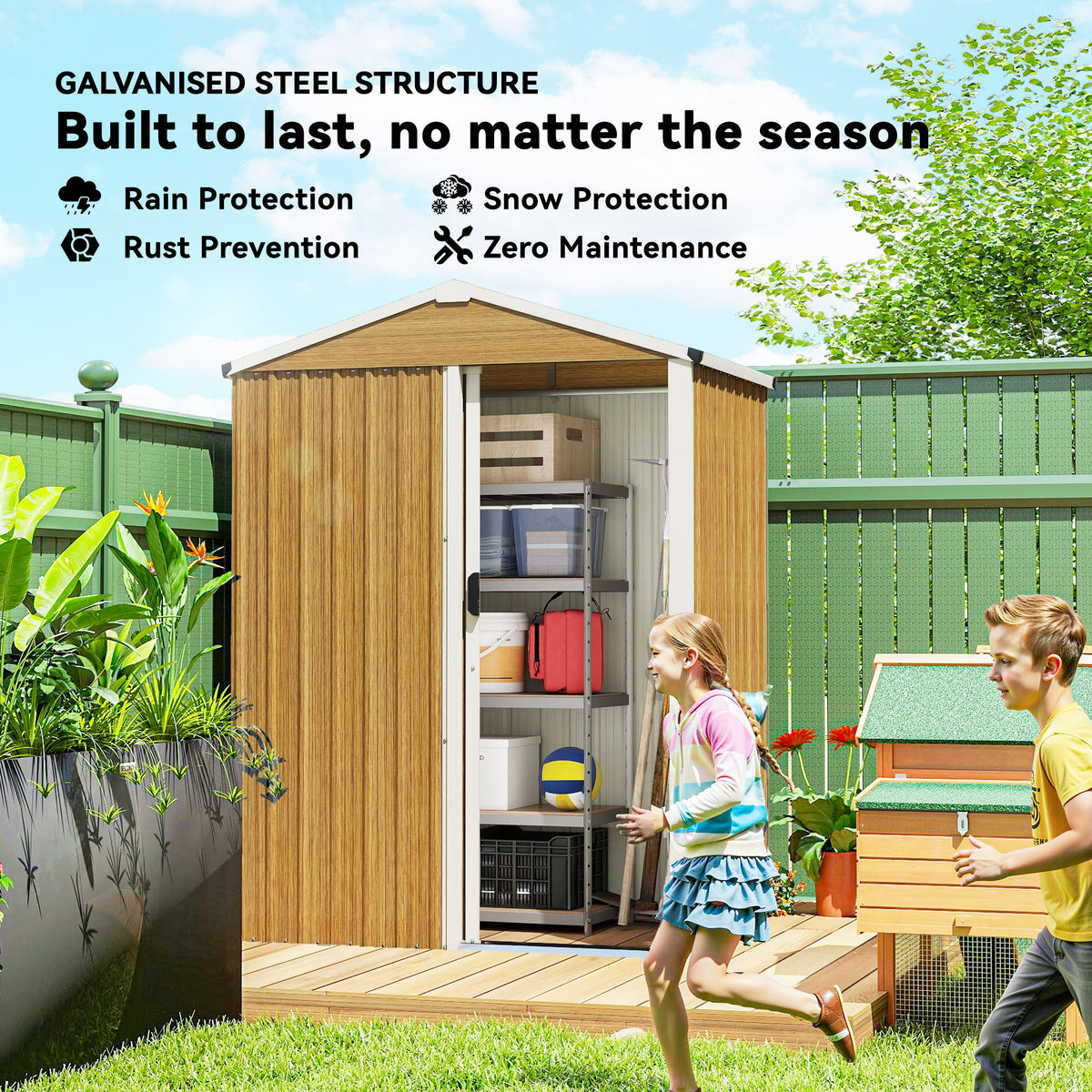 4.5 x 3ft Outdoor Storage Shed, Waterproof Metal Garden Shed with Lockable Door for Backyard, Patio, Lawn – Wood Grain