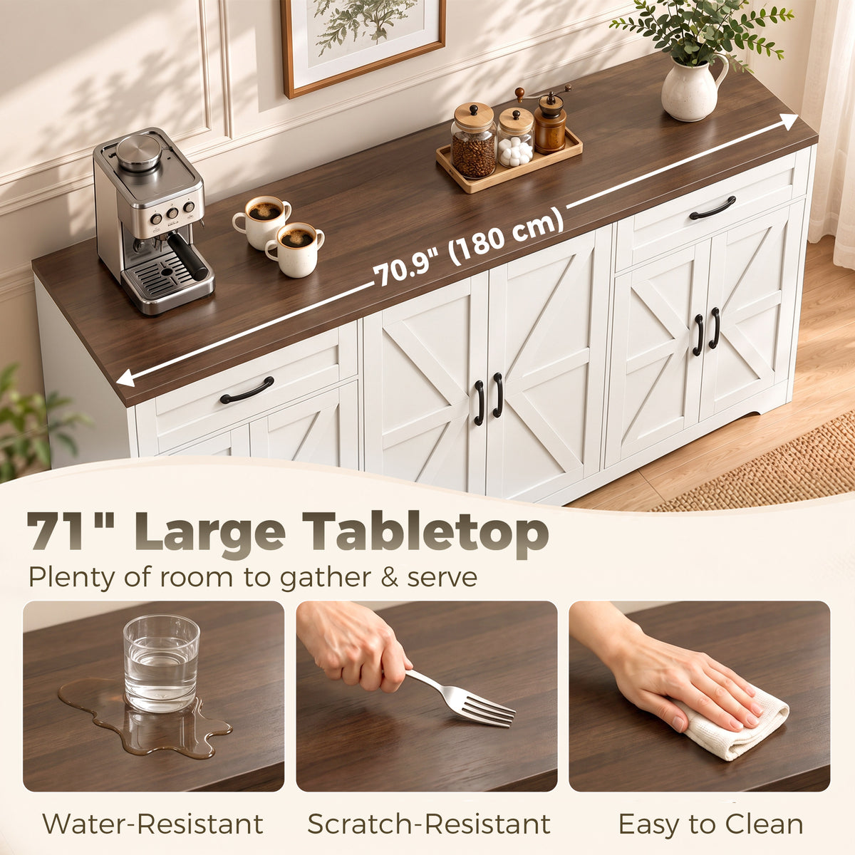 Farmhouse Coffee Bar Cabinet with 2 Drawers and 6 Barn Doors – 71"W x 34"H