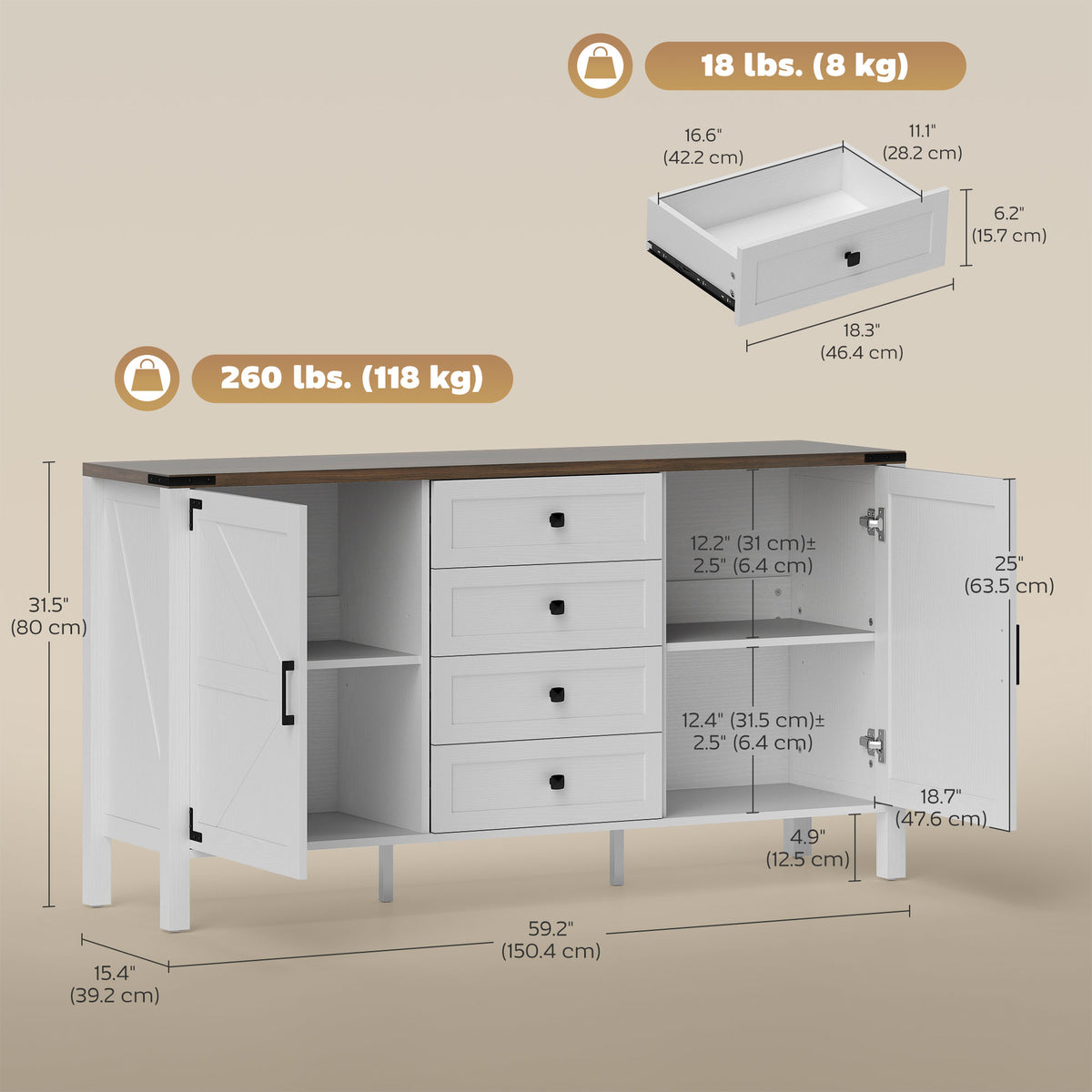 Farmhouse Sideboard with Thick Top – 59"W x 32"H