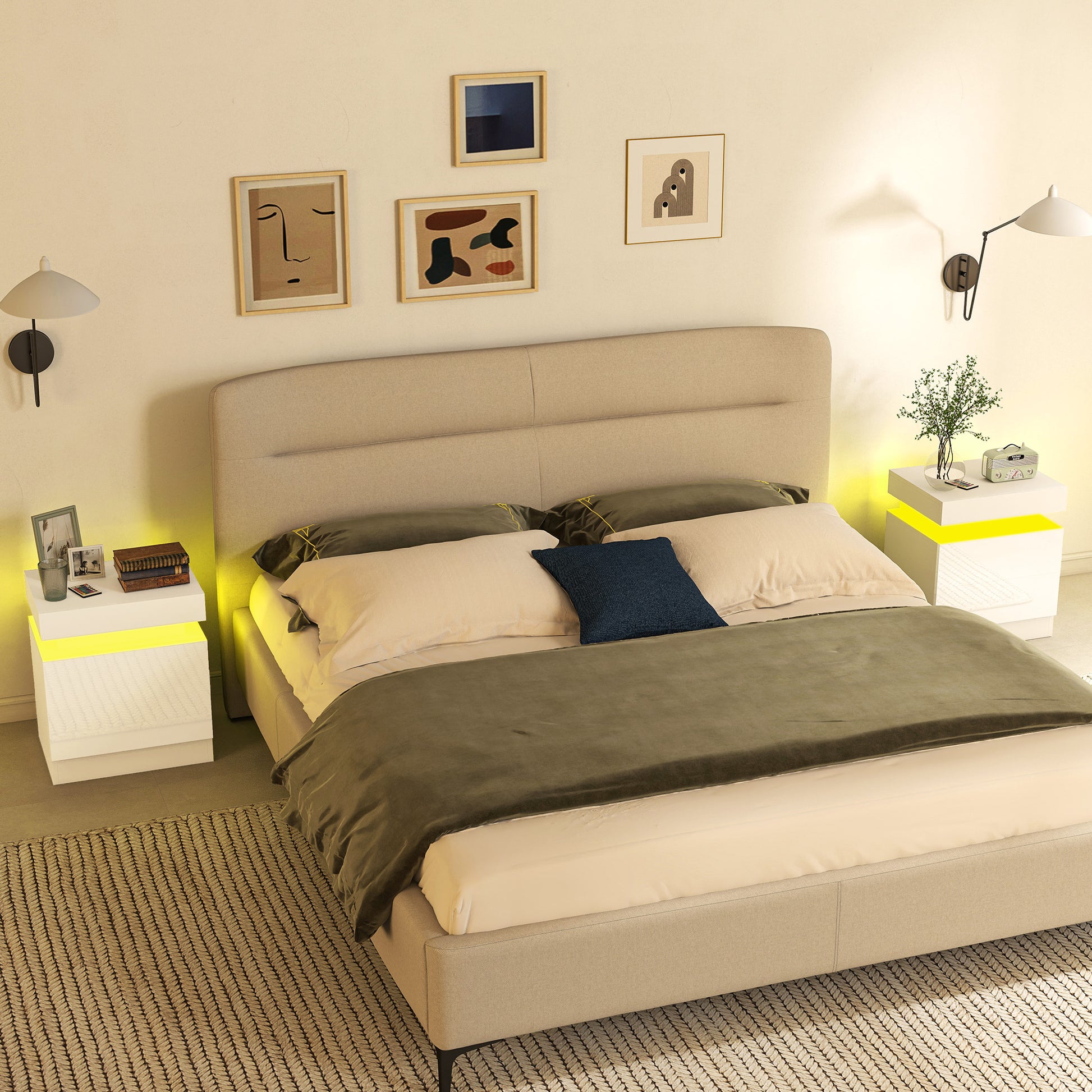 Modern Set of 2 HOMCOM LED Nightstands with 2 Drawers, White Bedside Tables