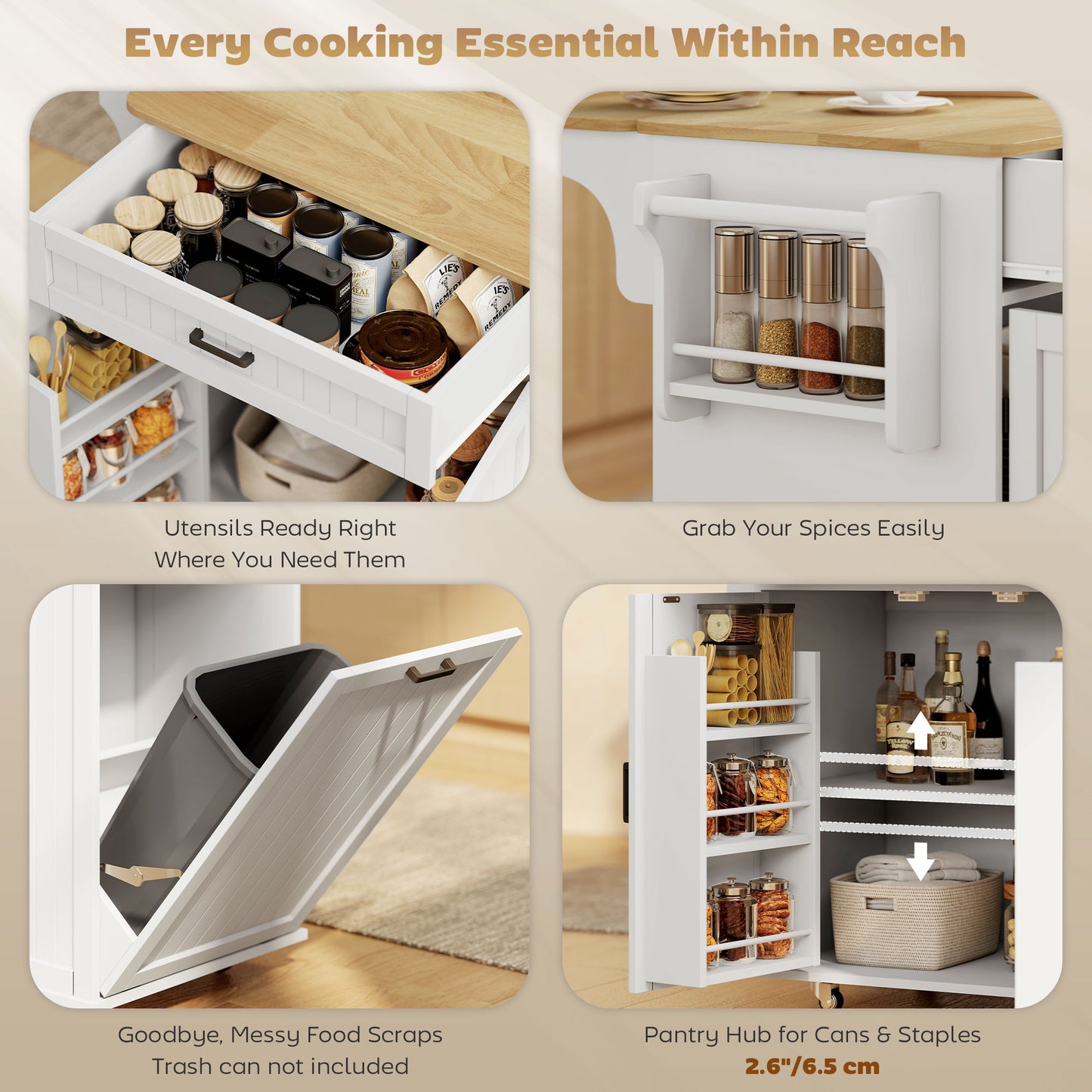 HOMCOM Kitchen Island Cart Portable with Charging Station White