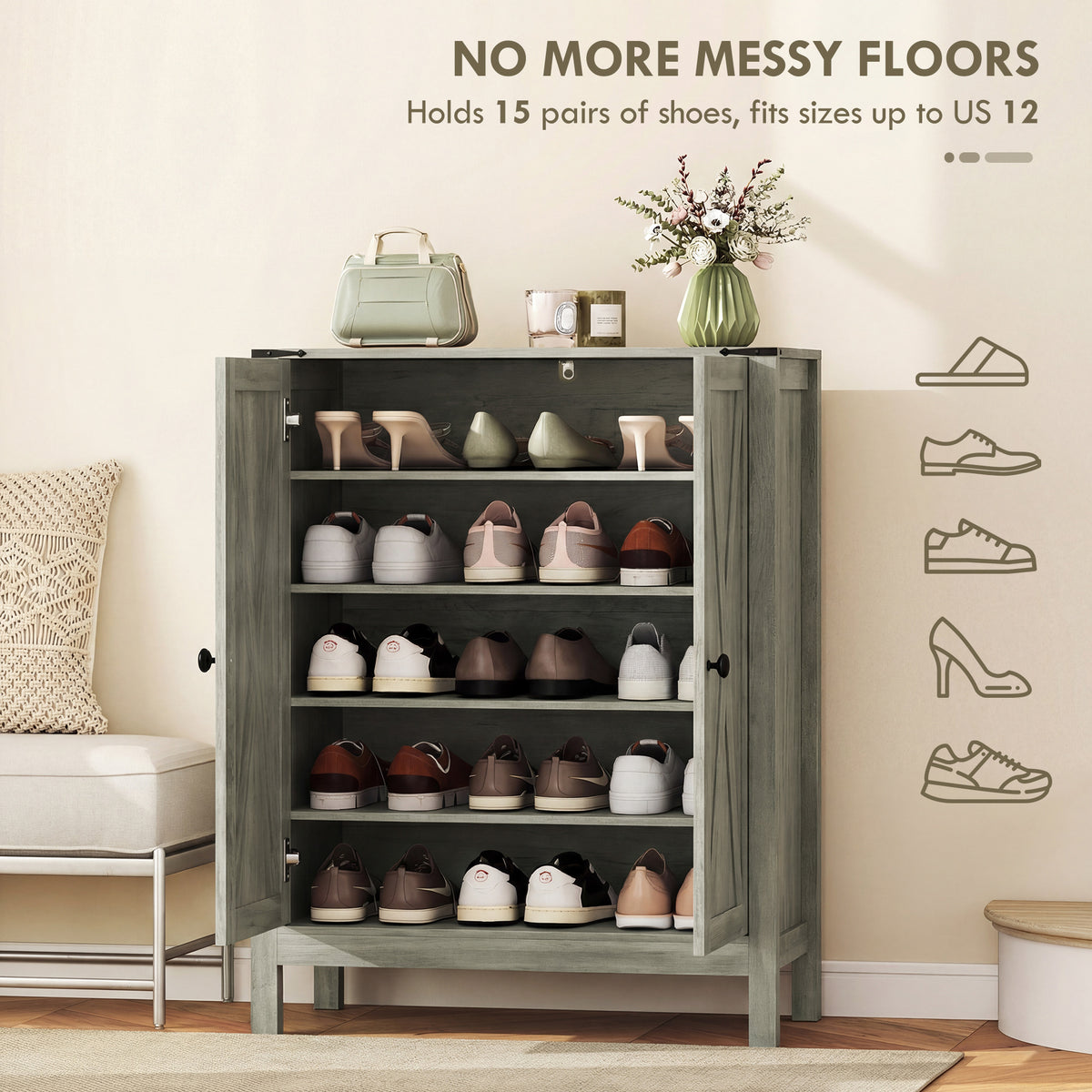 Shoe Cabinet with Barn Doors – 30"W x 39"H