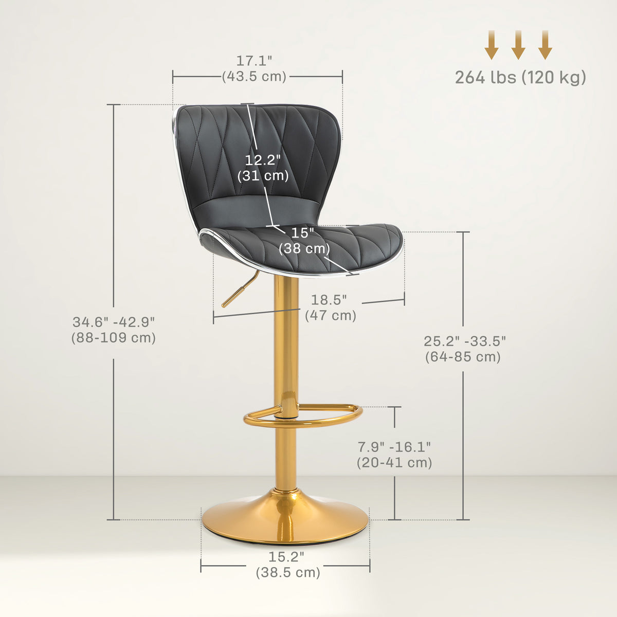 Diamond-Tufted PU Leather Swivel Counter Stools, Gold Base, Set of 2