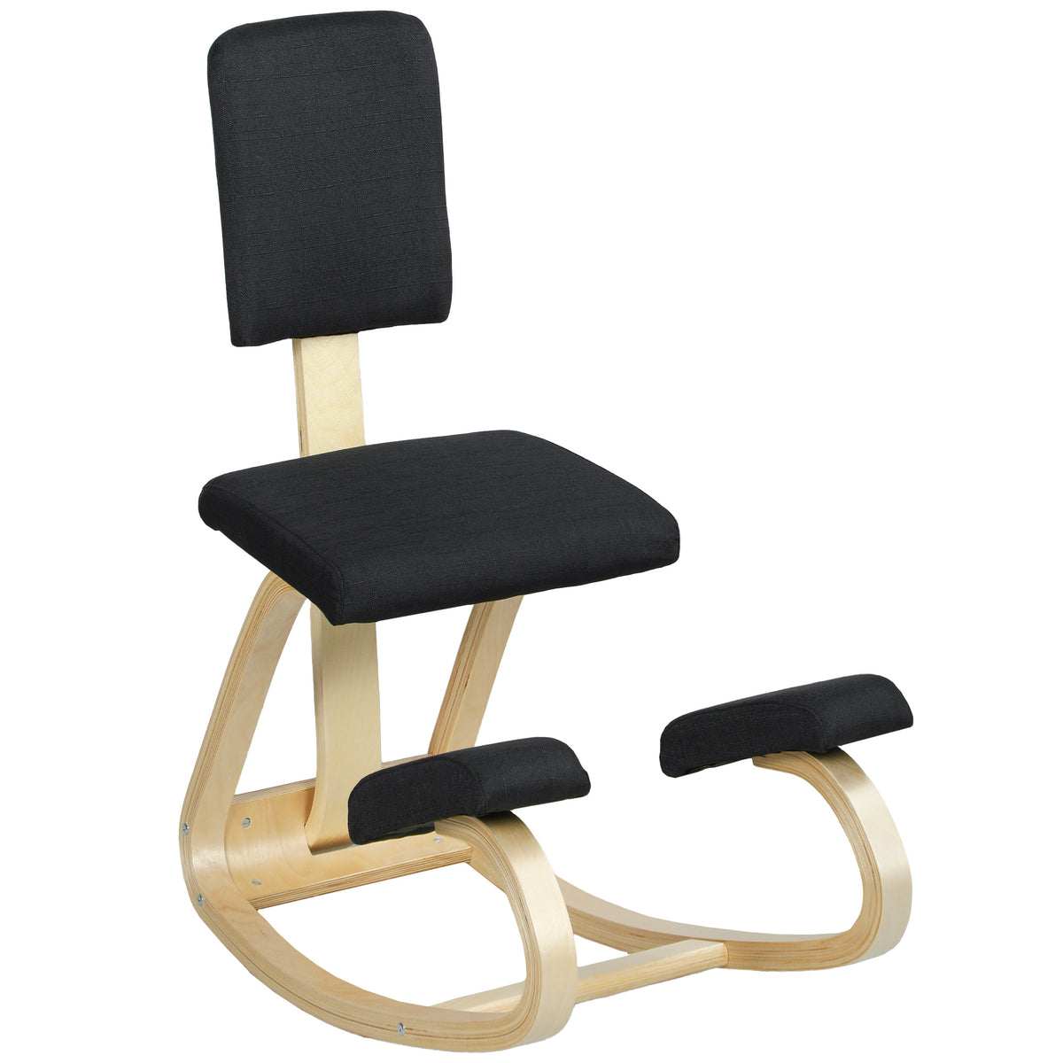 Ergonomic Kneeling Chair, Rocking Wood Kneel Stool with Backrest for Improved Posture, Black