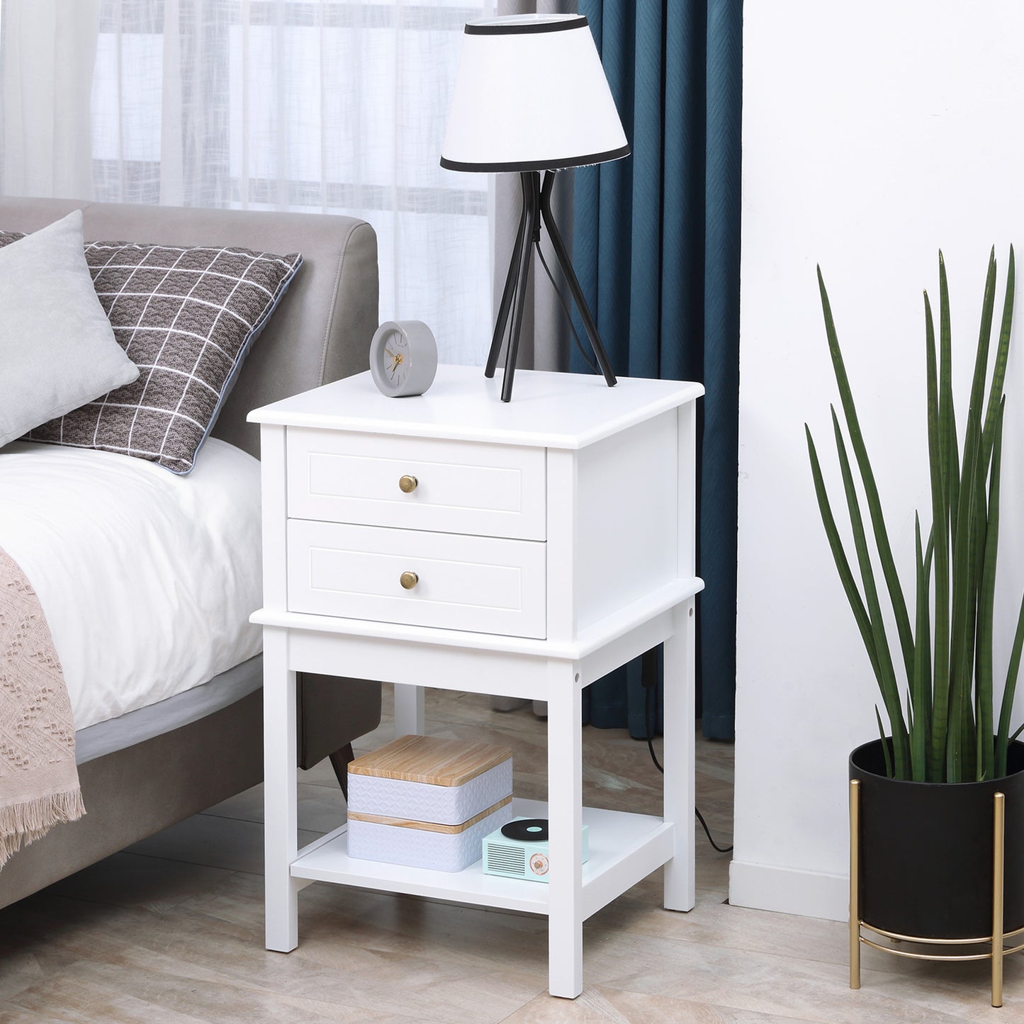Modern White Nightstand End Table with Drawers and Storage Shelf