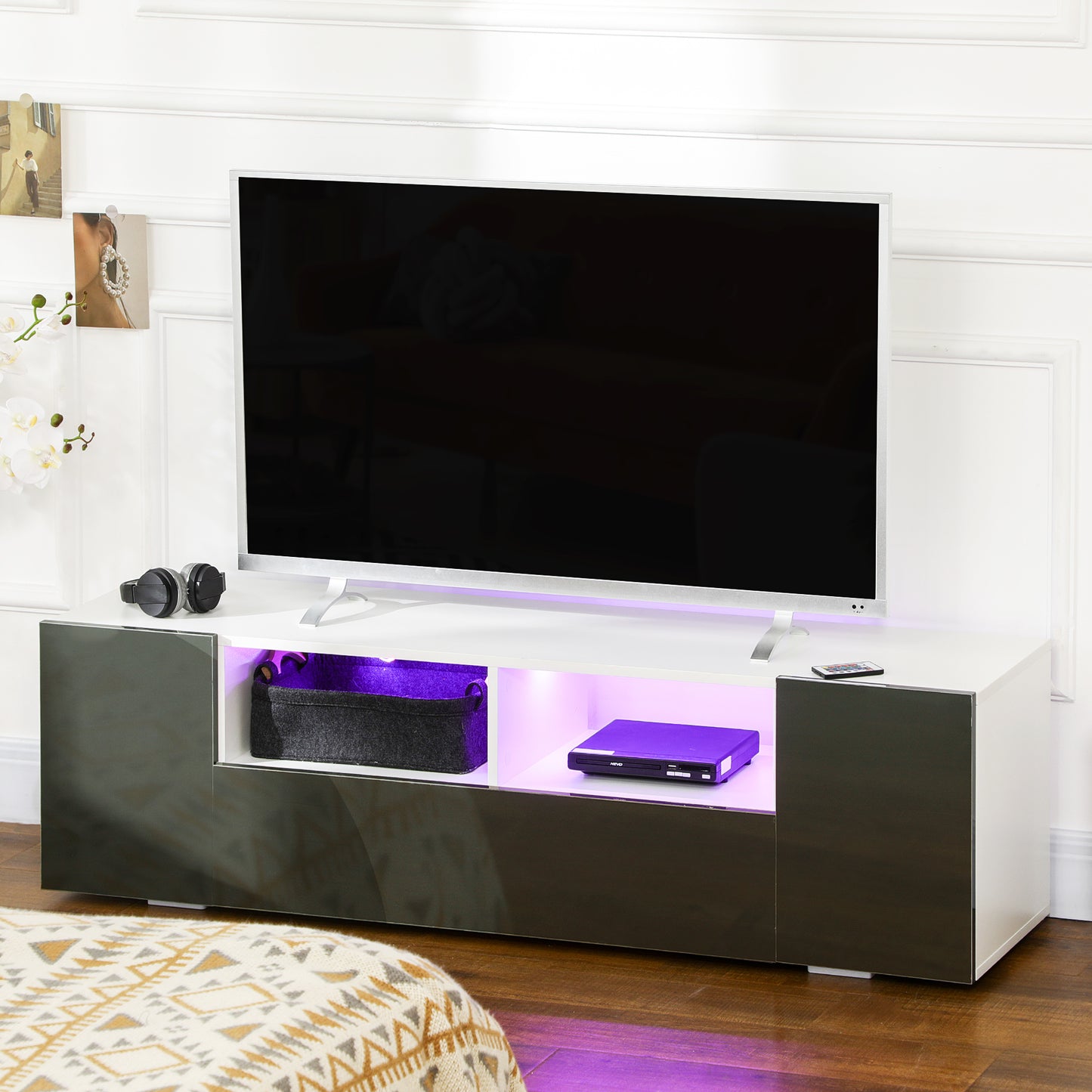 HOMCOM Modern Grey TV Stand for 60-inch TVs, LED Lights, Storage & Media