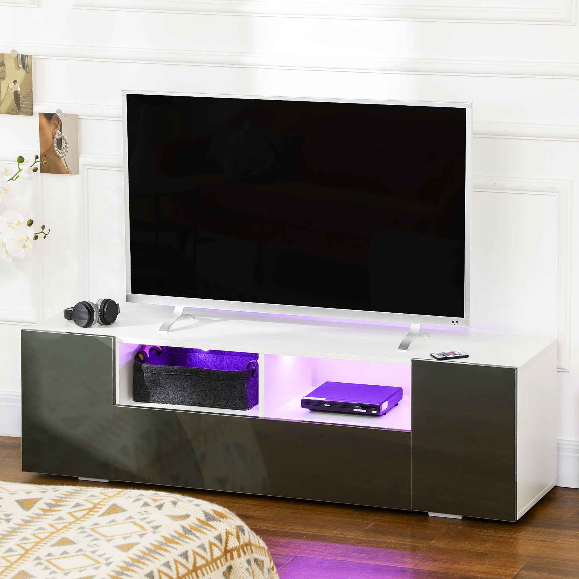 HOMCOM Modern Grey TV Stand for 60-inch TVs, LED Lights, Storage & Media