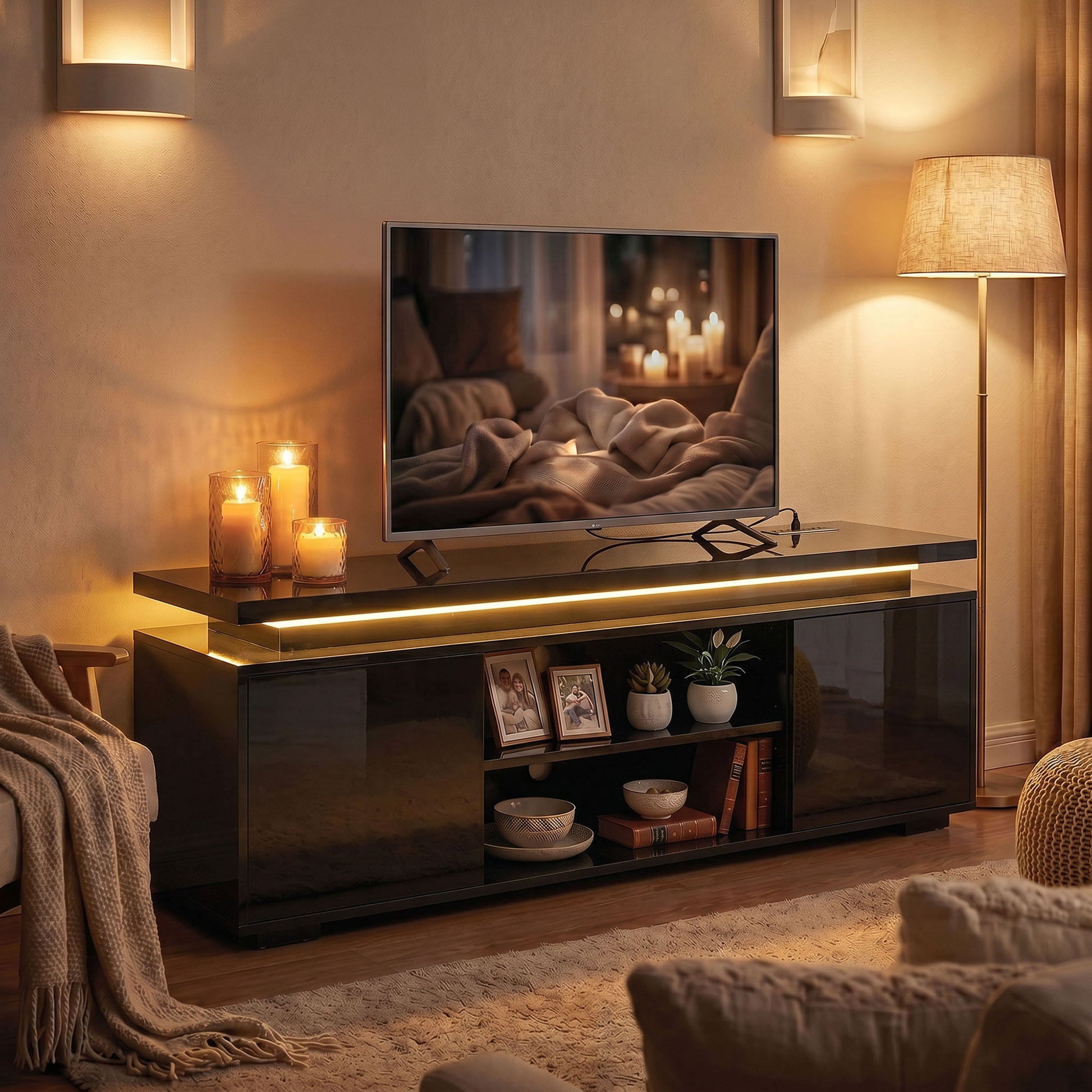 HOMCOM TV Stand LED Lights, Power Outlets, High Gloss Black