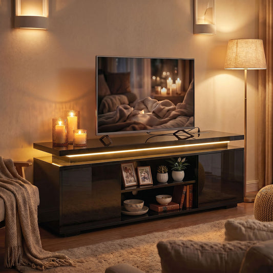 HOMCOM TV Stand LED Lights, Power Outlets, High Gloss Black