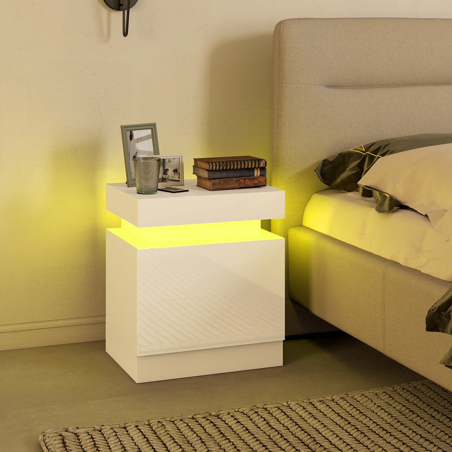 Modern Set of 2 HOMCOM LED Nightstands with 2 Drawers, White Bedside Tables