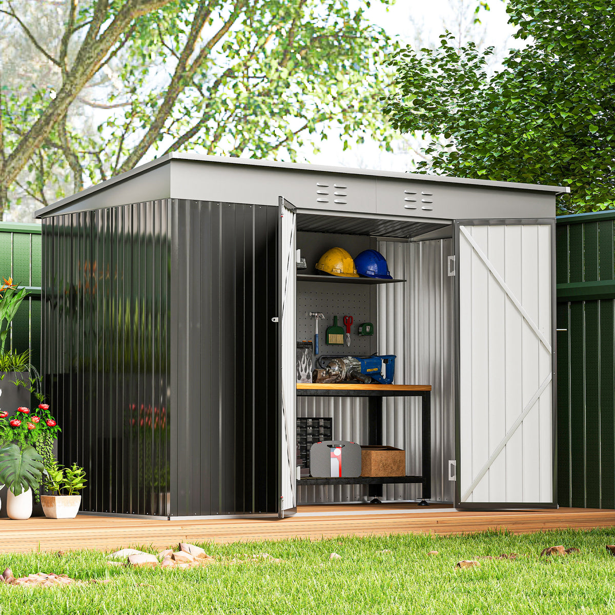 9' x 4' Galvanized Steel Garden Storage Shed with Lockable Doors, Gloves and 2 Air Vents for Backyard, Patio, Lawn – Dark Grey