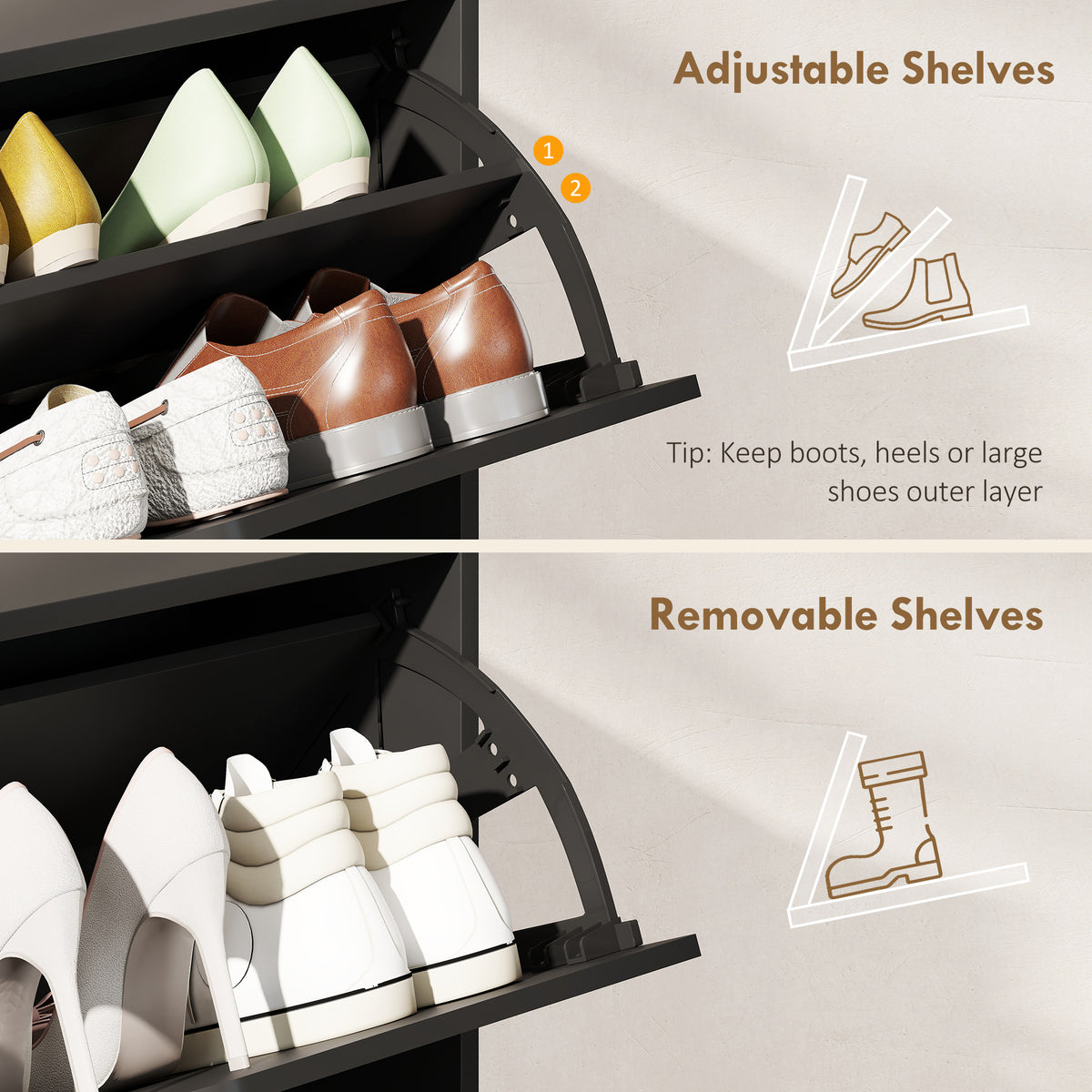 Narrow Shoe Cabinet with 4 Flip Drawers – 41"W x 34"H