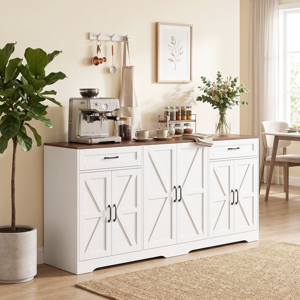 Farmhouse Coffee Bar Cabinet with 2 Drawers and 6 Barn Doors – 71"W x 34"H