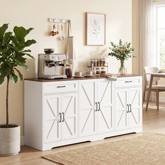 Farmhouse Coffee Bar Cabinet with 2 Drawers and 6 Barn Doors – 71"W x 34"H