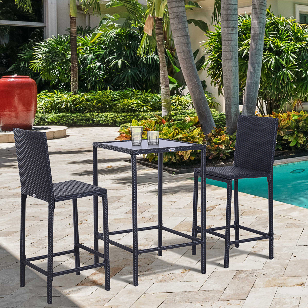3 Piece Patio Bar Set Wicker Rattan Garden Bistro Set Barstool and Table for Patio Backyard Balcony Poolside