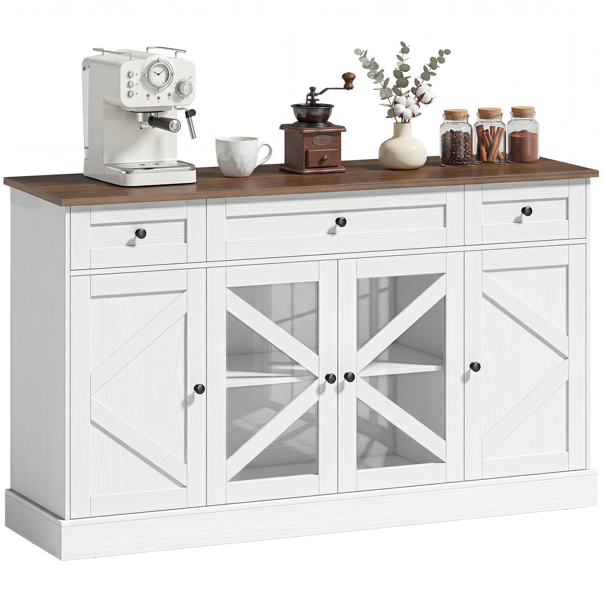 Farmhouse Kitchen Storage Cabinet with Acrylic Barn Doors and 3 Drawers – 54"W x 31"H