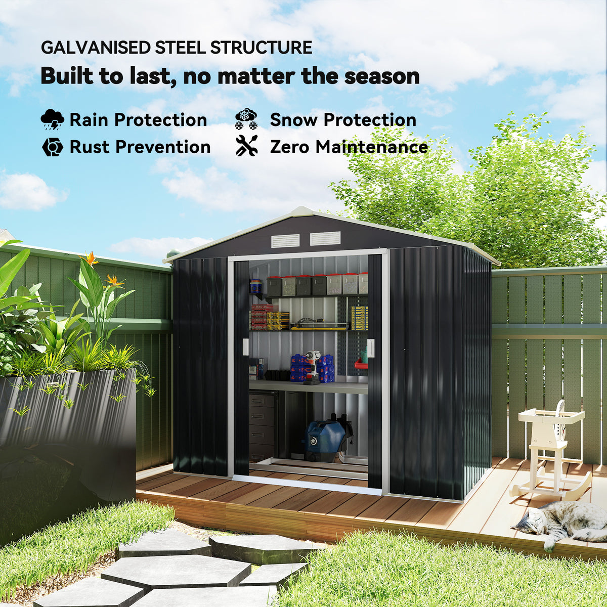 7'x 4'x 6' Garden Tool Shed Metal Storage Shed w/ Foundation Kit, Vents and Double Doors – Dark Grey