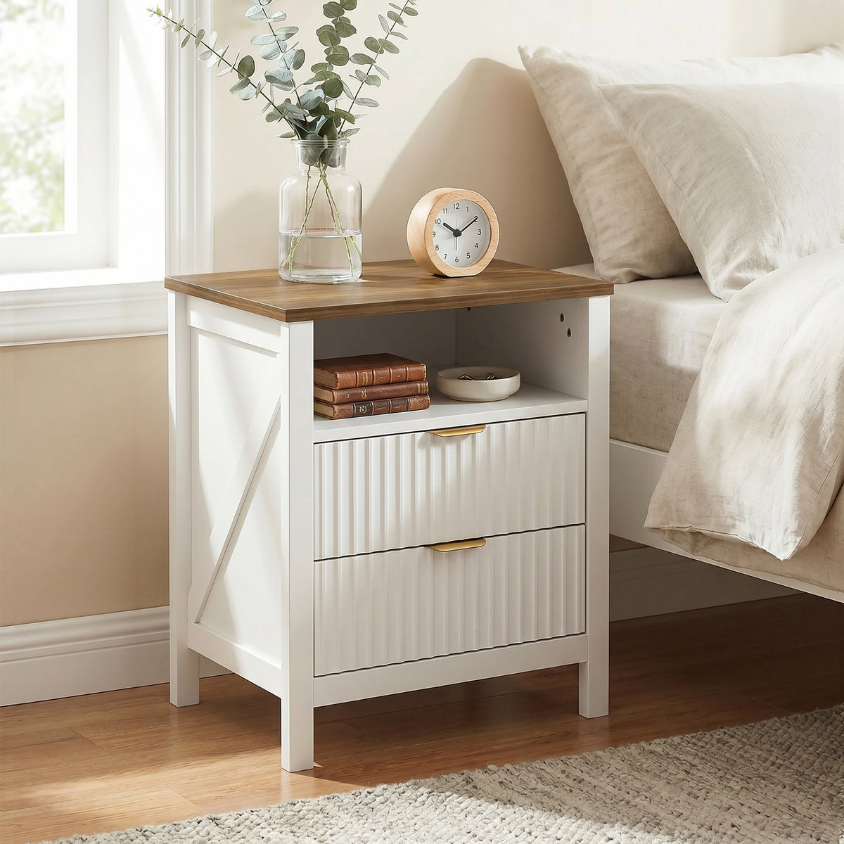 Fluted 2-Drawer Nightstand with Open Shelf – 20"W x 24"H