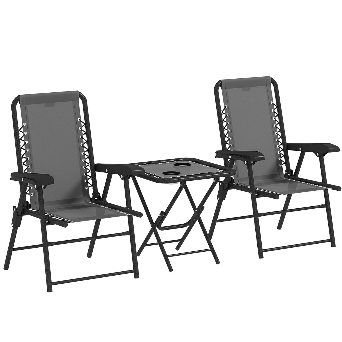 3 Pieces Patio Bistro Set, Outdoor Folding Table and Chairs Set, Metal Patio Furniture Set with Cup Holders – Dark Grey, Black