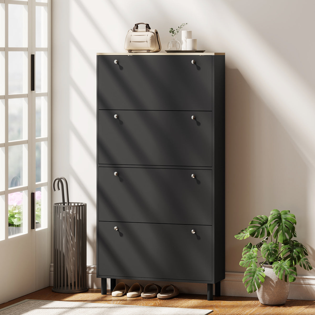 Narrow Shoe Cabinet with 4 Flip Drawers – 31"W x 62"H