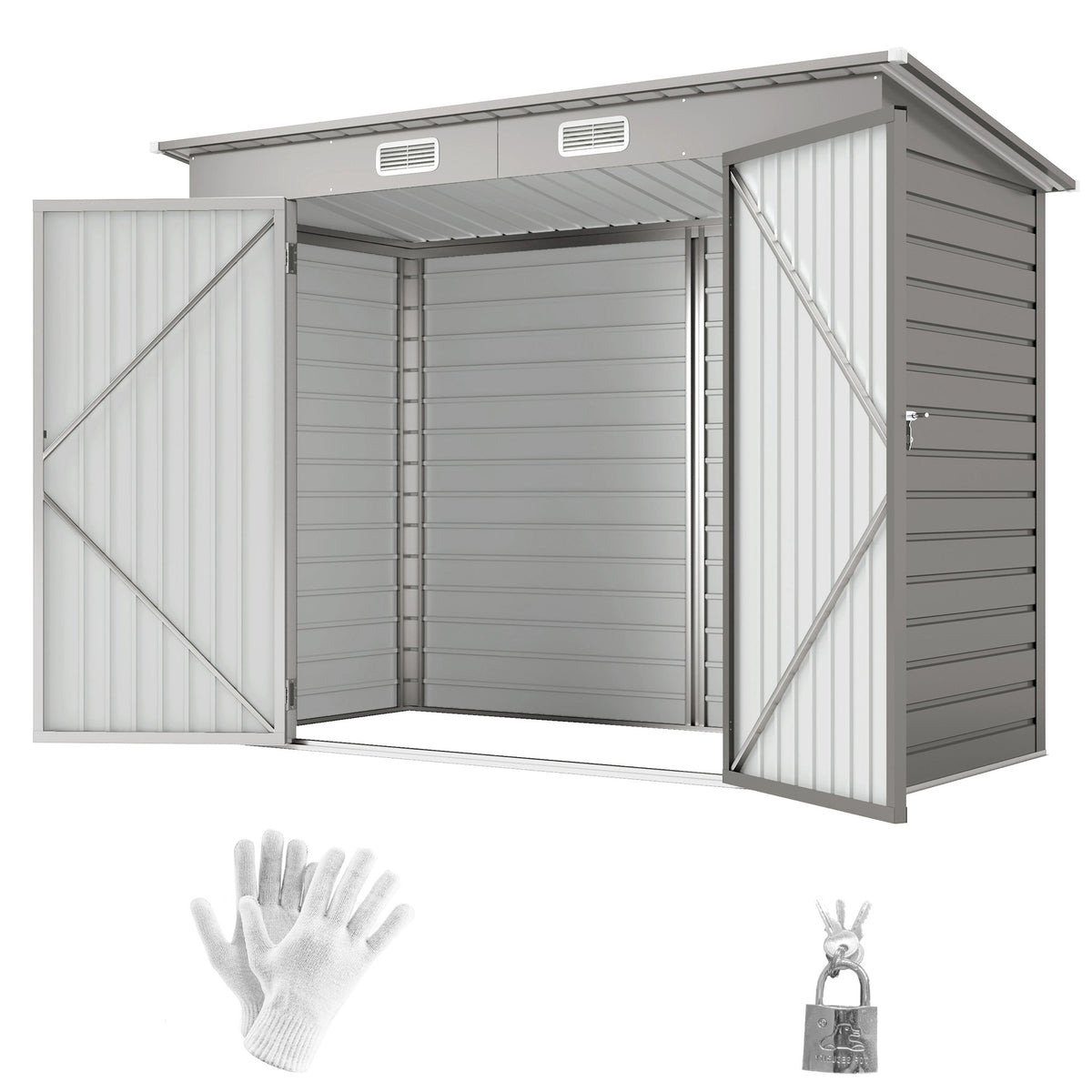 8 x 4FT Galvanized Garden Storage Shed, Metal Outdoor Shed with Double Doors and 2 Vents – Light Grey
