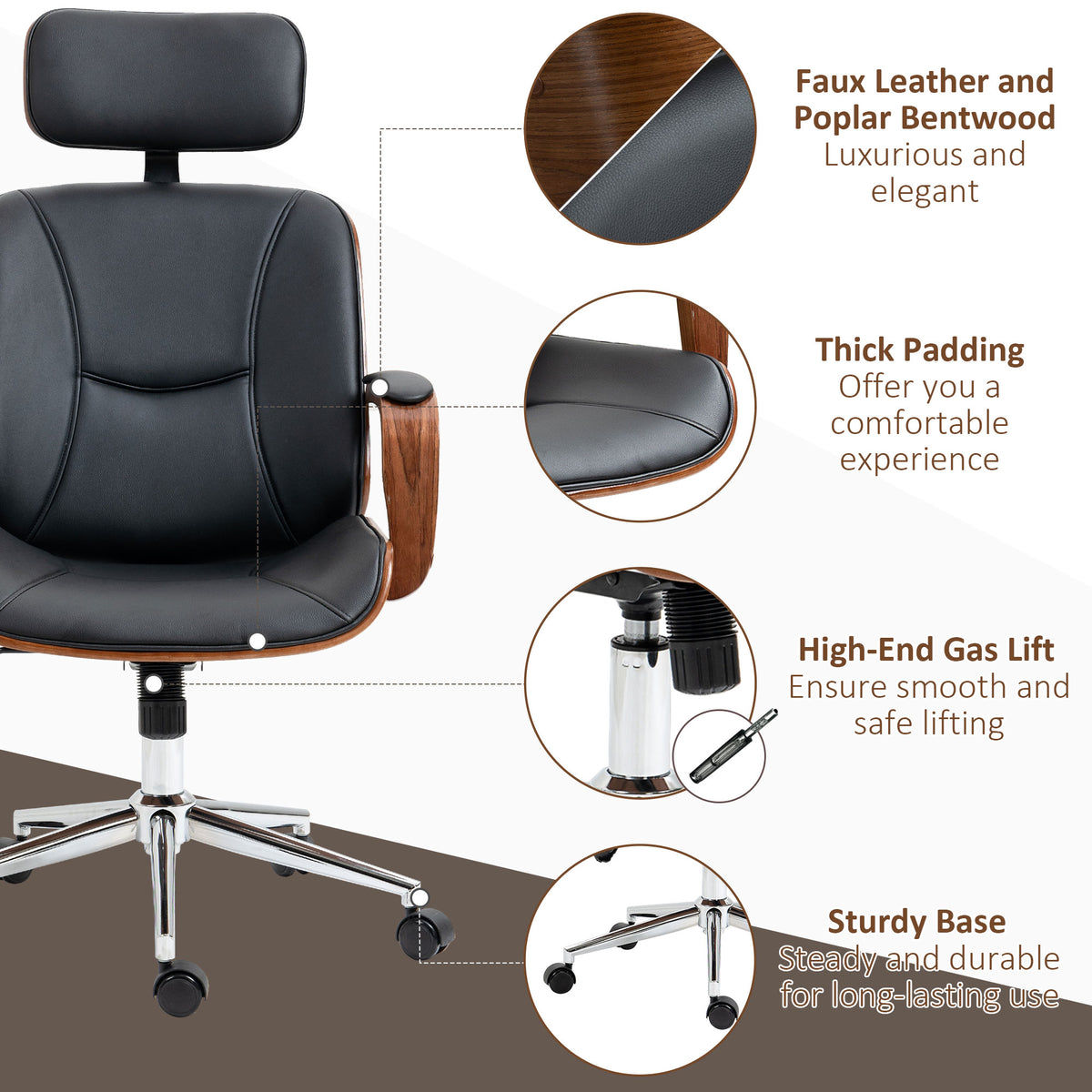 Office Chair, PU Leather Desk Chair with Removable Headrest, Adjustable Height, Black