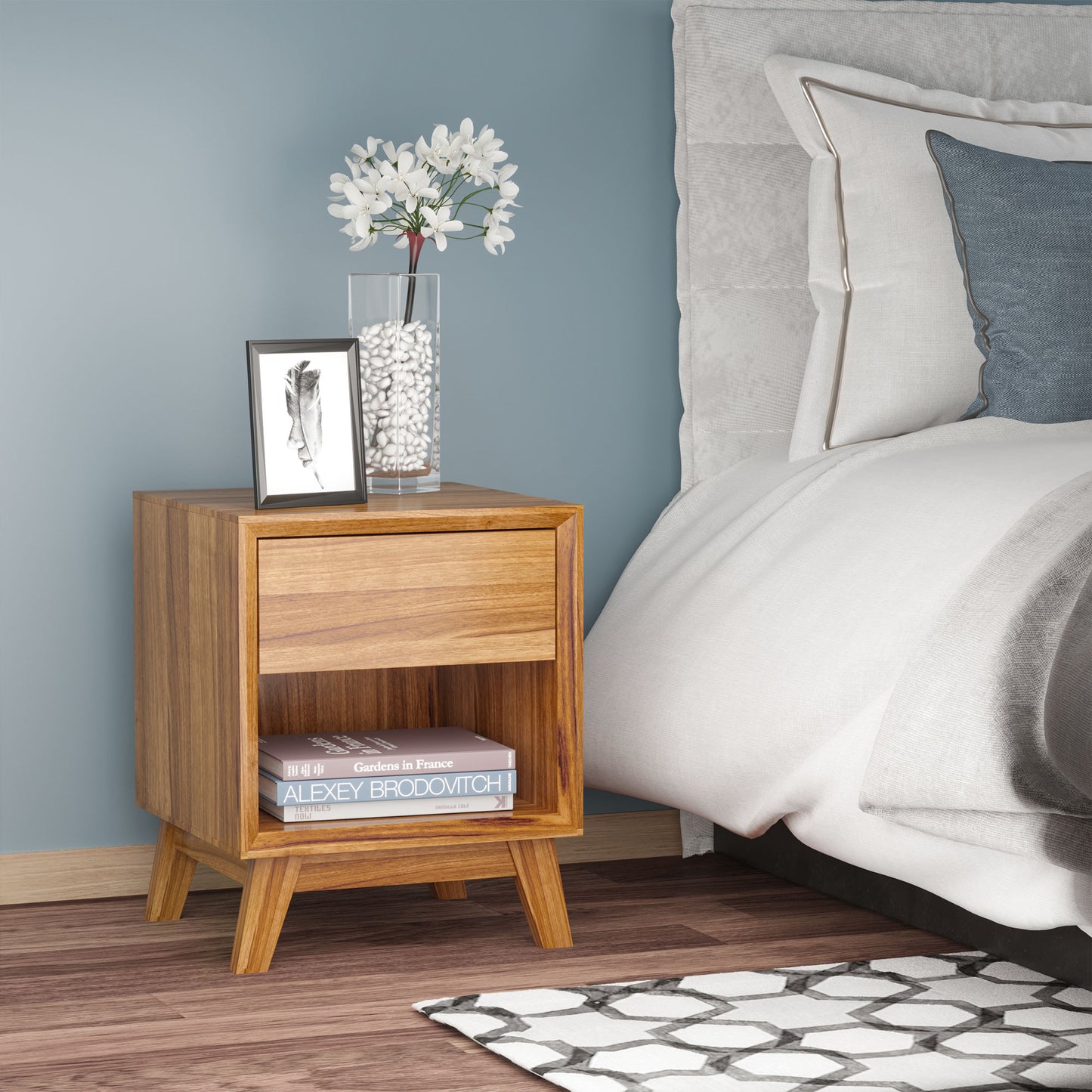 HOMCOM Modern Walnut Bedside Nightstand with Drawer and Open Storage Shelf