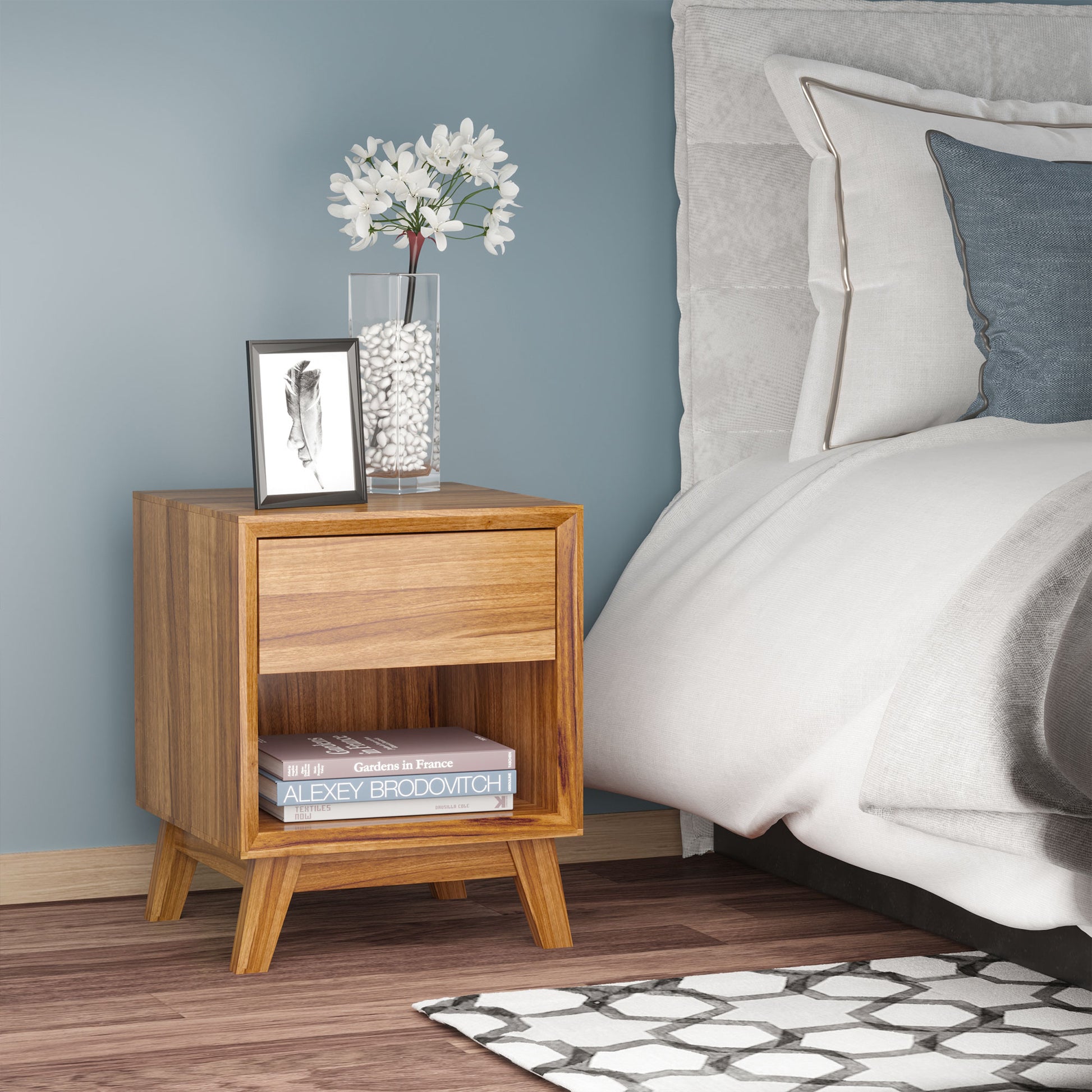 HOMCOM Modern Walnut Bedside Nightstand with Drawer and Open Storage Shelf